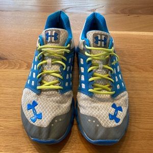 Men’s 11 Under Armour blue/white/neon shoes
